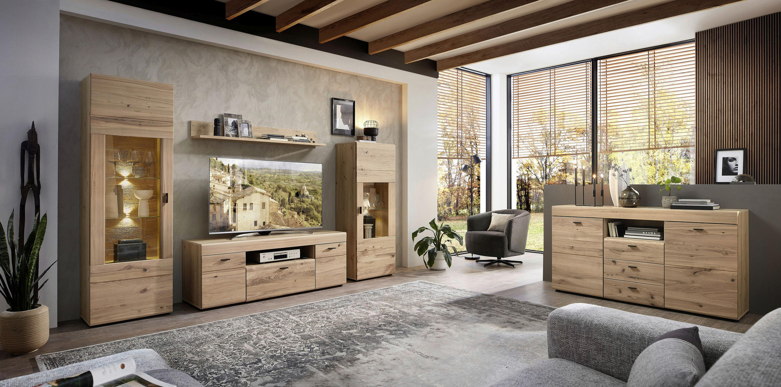 WOHNWAND  in Eschefarben, Eiche Artisan  305/194/49 cm  - Eschefarben/Schwarz, Design, Glas/Holz (305/194/49cm) - Linea Natura
