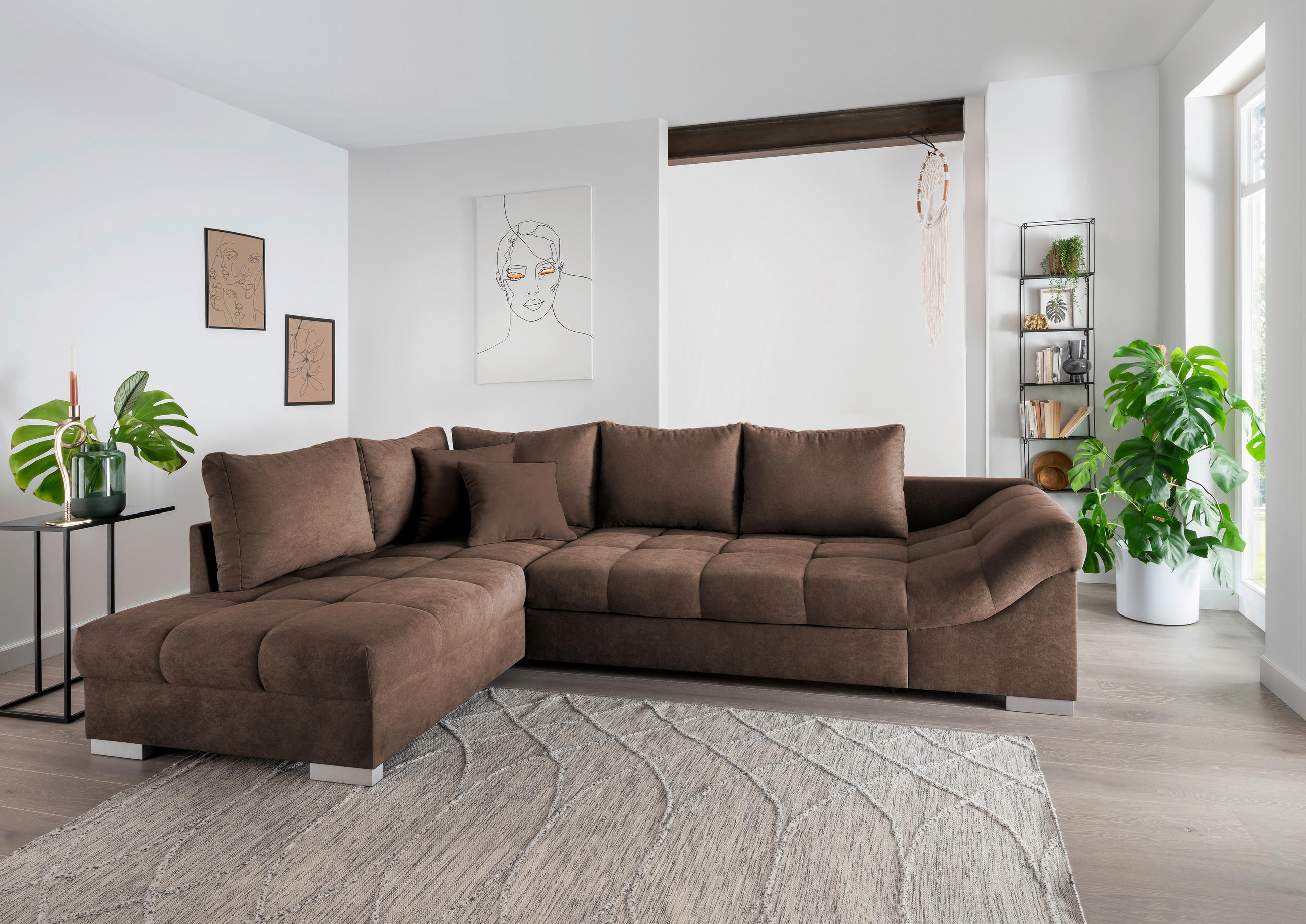 ECKSCHLAFSOFA Braun Mikrofaser  - Silberfarben/Braun, Design, Holz/Textil (202/298cm) - MID.YOU