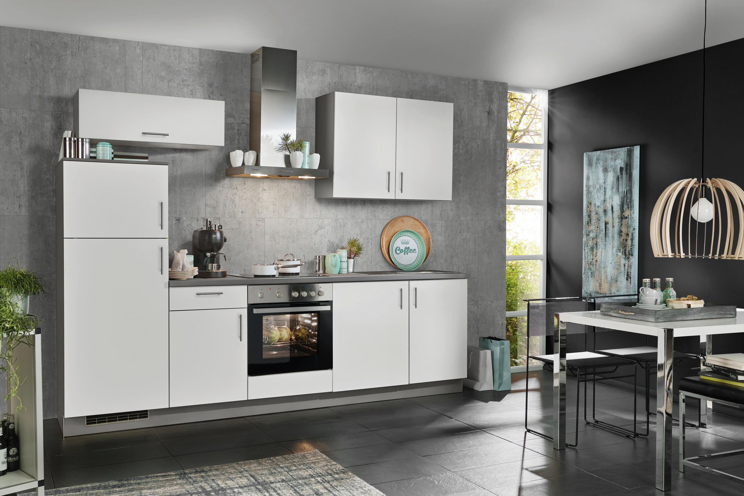 KÜCHENBLOCK 280 cm   in Anthrazit, Weiß  - Edelstahlfarben/Anthrazit, KONVENTIONELL, Holzwerkstoff/Metall (280cm) - Welnova