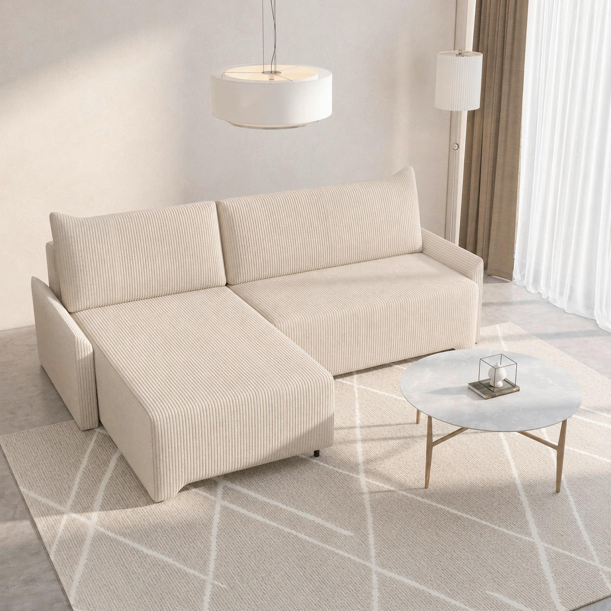 ECKSOFA LOCO in Cord Creme  - Creme/Schwarz, Design, Kunststoff/Textil (174/245cm) - MID.YOU