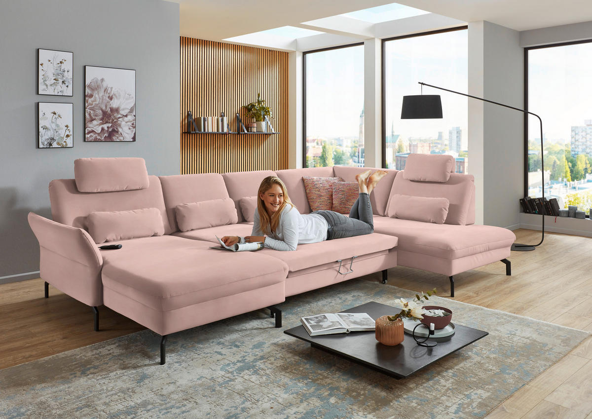 WOHNLANDSCHAFT in Velours Rosa  - Schwarz/Rosa, Design, Textil/Metall (179/335/220cm) - Beldomo System