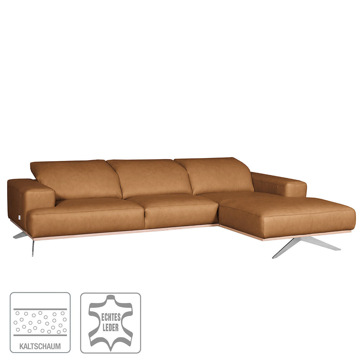 ECKSOFA  in Echtleder Cognac  295/187 cm  - Chromfarben/Cognac, Design, Leder/Metall (295/187cm) - Livetastic