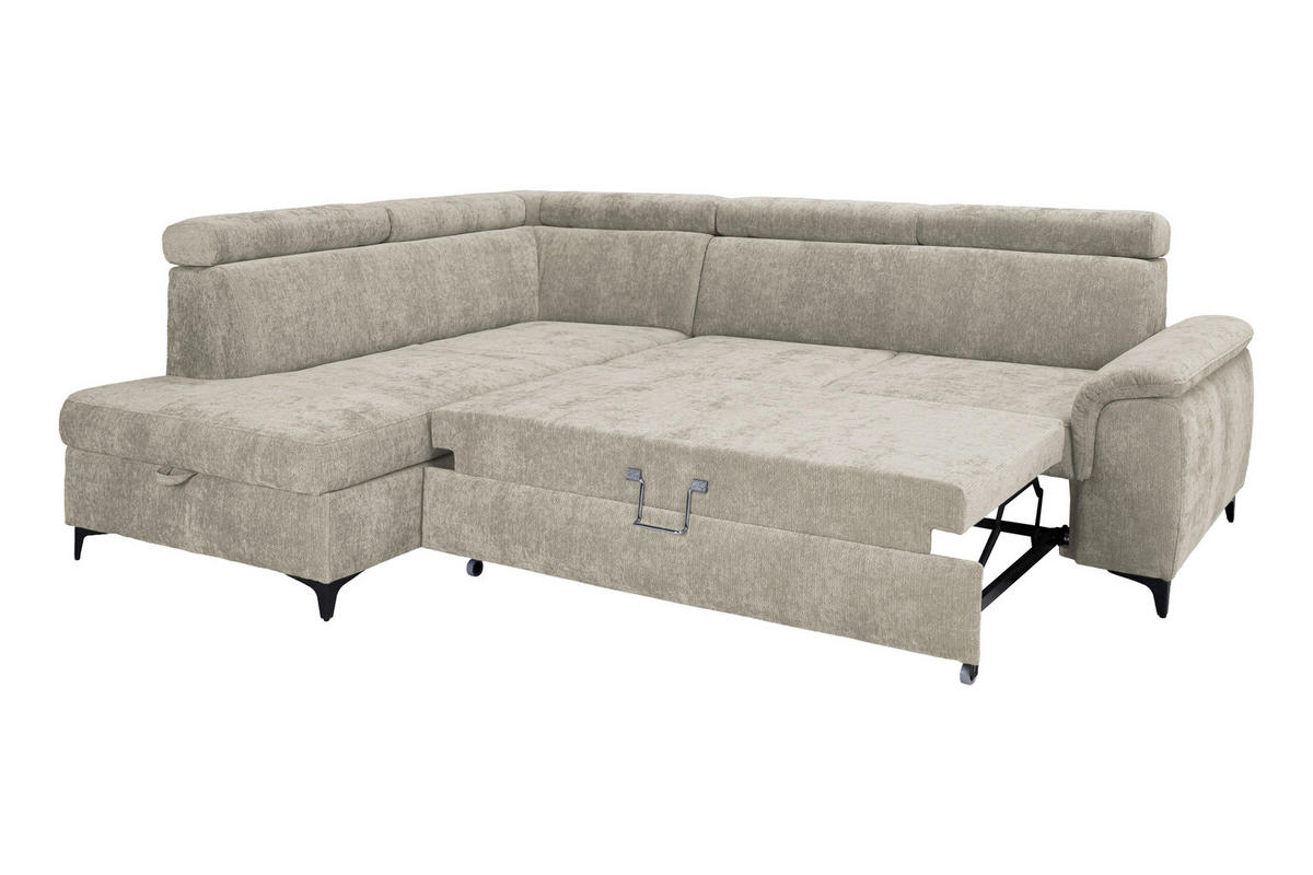 ECKSOFA Naturfarben Chenille Bettkasten, Schlaffunktion, Rücken echt, Kopfteilverstellung, Liegefläche im Originalstoff  - Schwarz/Naturfarben, KONVENTIONELL, Textil/Metall (206/265cm) - Carryhome
