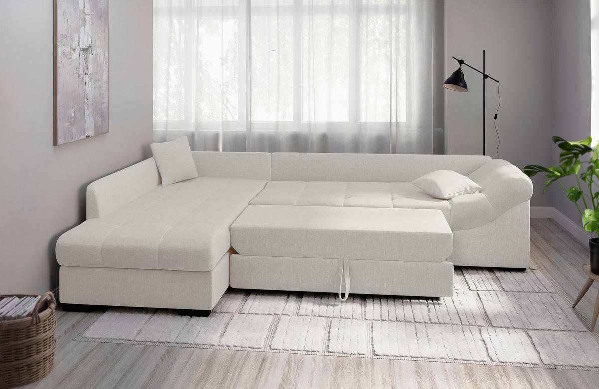 ECKSCHLAFSOFA in Weiss Textil   - Weiss/Schwarz, Modern, Holz/Textil (202/298cm) - MID.YOU