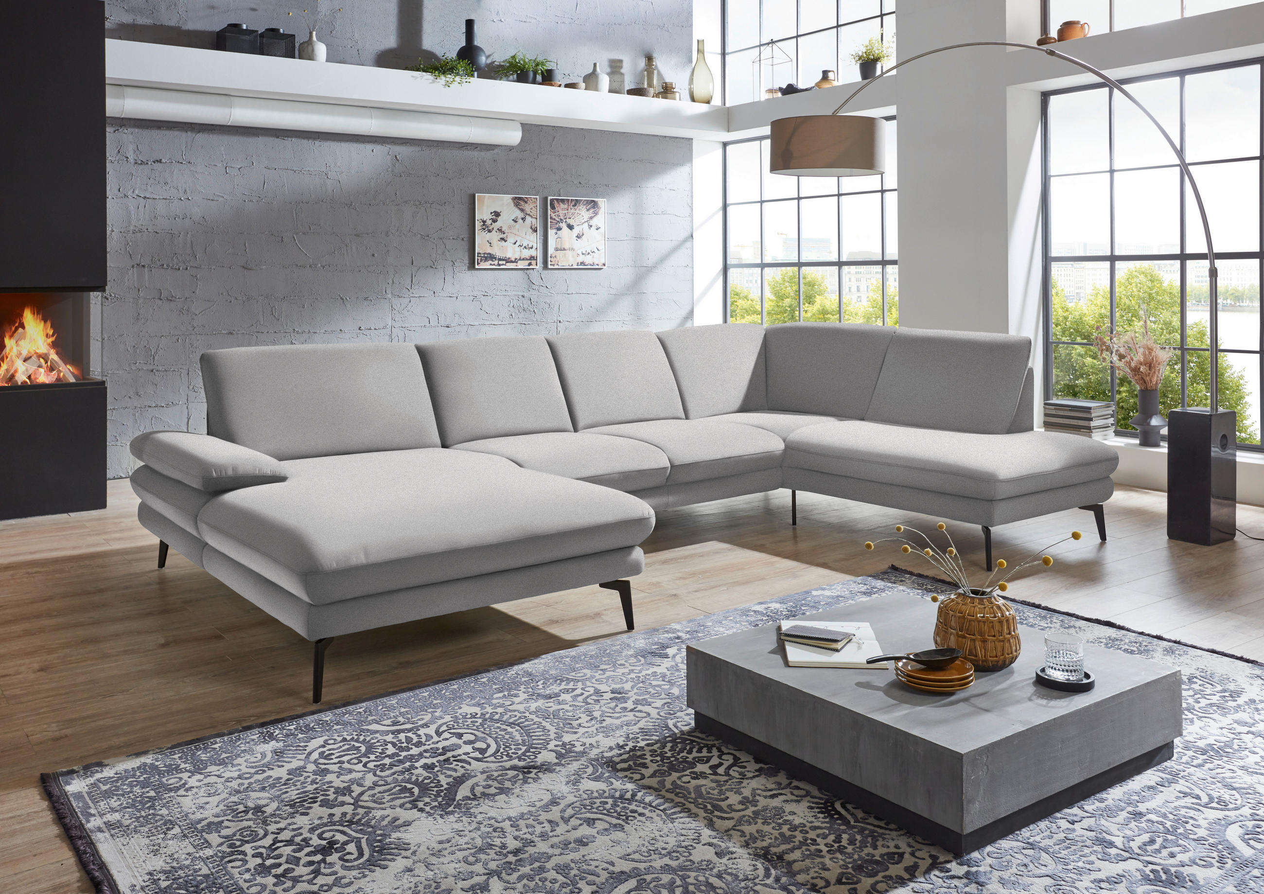WOHNLANDSCHAFT Hellgrau Webstoff  - Hellgrau/Schwarz, Design, Textil/Metall (180/344/208cm) - Dieter Knoll