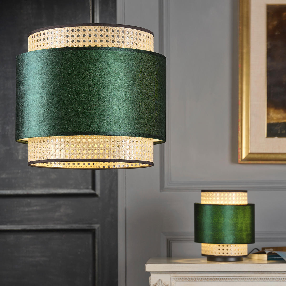 PENDELLEUCHTE 36/150 cm  - Akaziefarben/Grün, Basics, Holz/Textil (36/150cm)