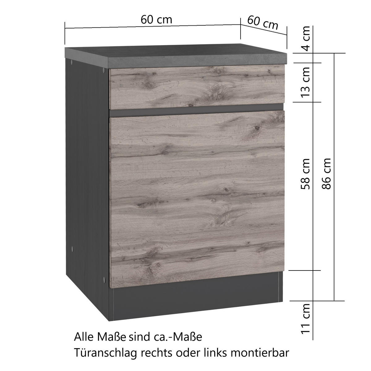 KÜCHENUNTERSCHRANK 60/86/60 cm  in Graphitfarben, Eiche Wotan  - Eiche Wotan/Graphitfarben, Design (60/86/60cm) - Held