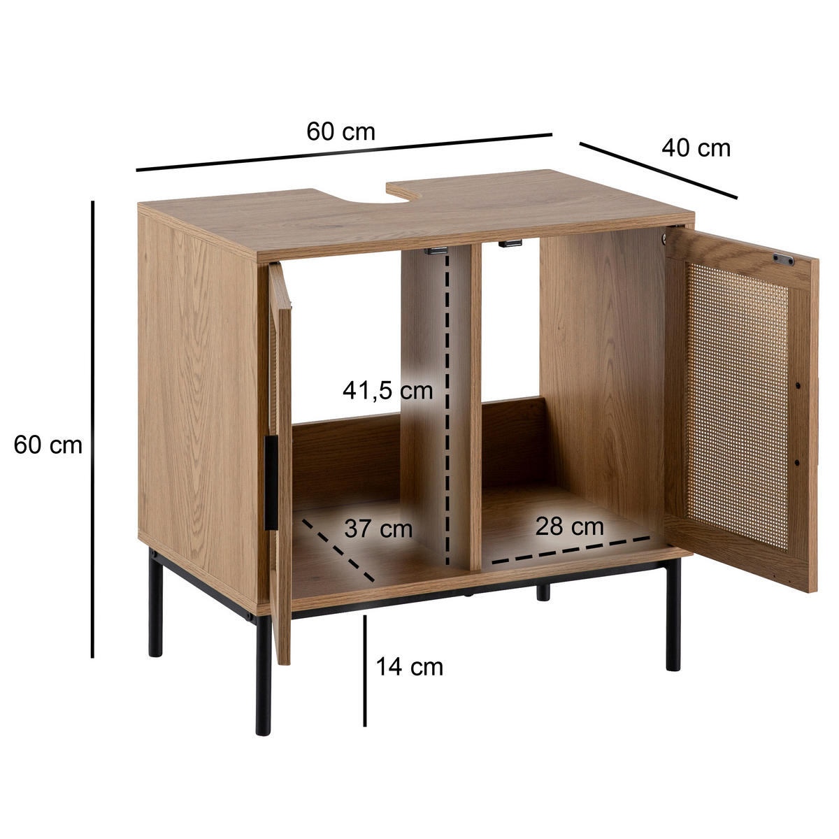 WASCHBECKENUNTERSCHRANK 60/60/40 cm  - Eichefarben/Schwarz, Design, Holzwerkstoff/Metall (60/60/40cm) - MID.YOU