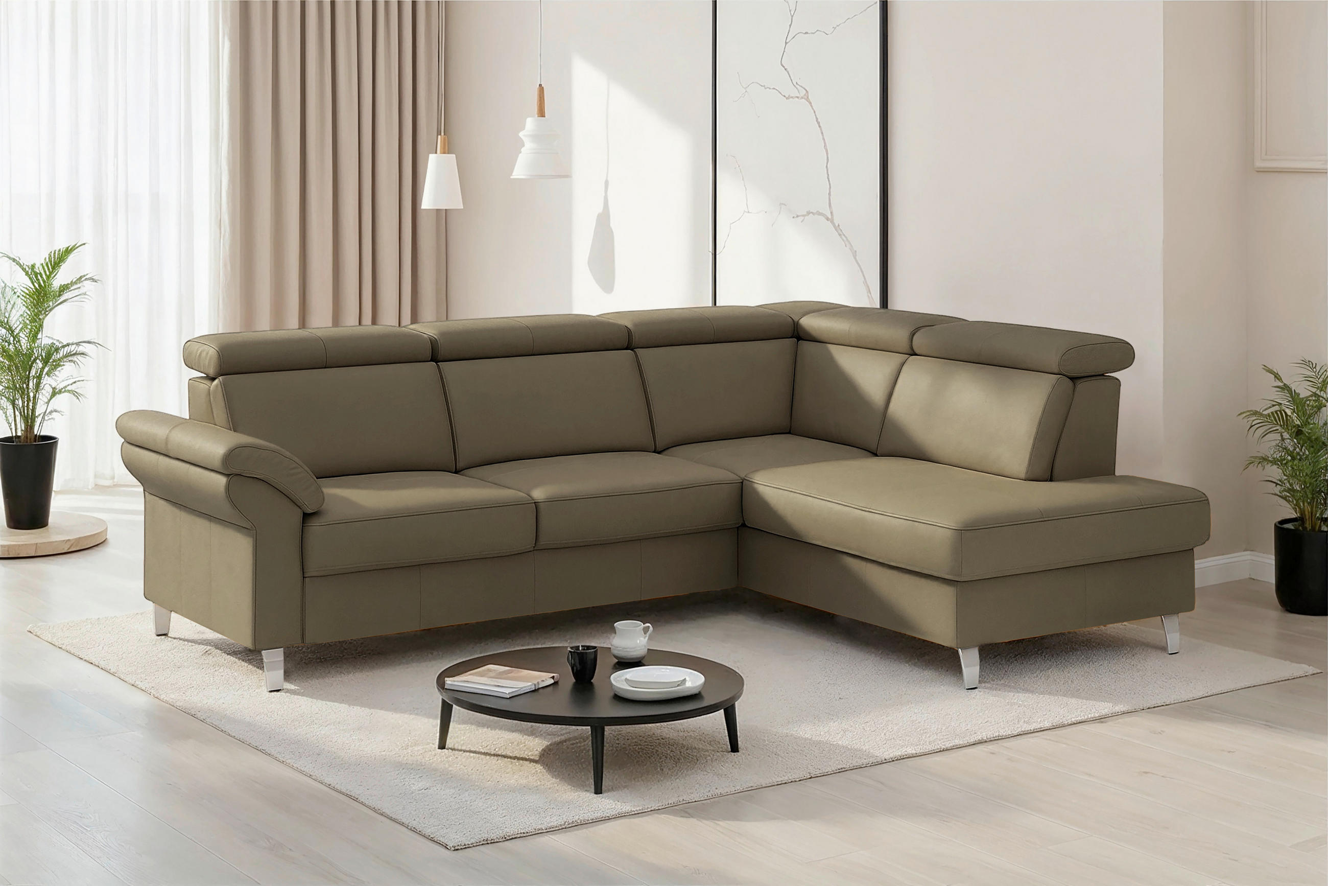 ECKSOFA 245/194 cm ARNGAST E in Echtleder Olivgrün Kopfteilverstellung  245/194 cm  - Chromfarben/Olivgrün, Basics, Leder/Textil (245/194cm) - Sit & More