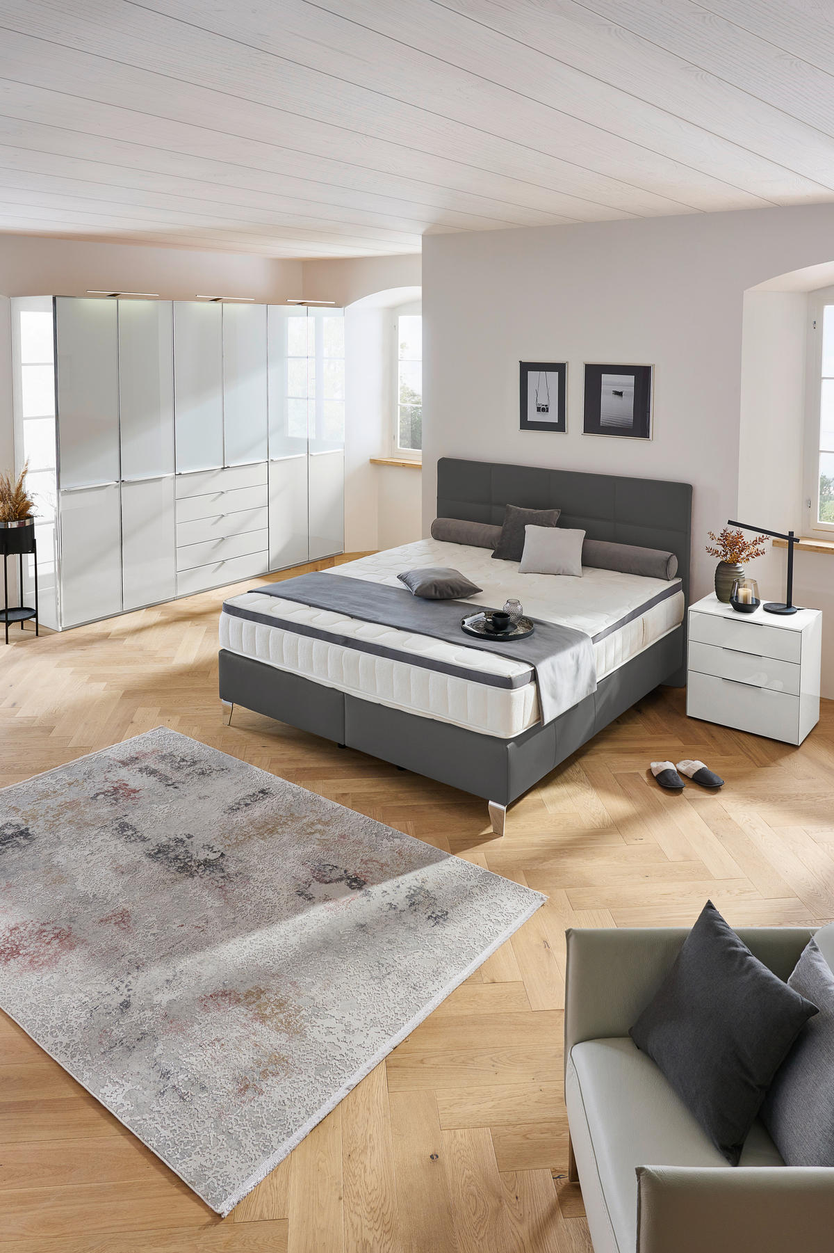 BOXSPRINGBETT 180/200 cm,  in Anthrazit, Matratze, gepolstertes Kopfteil, Topper, H3 + H4 = fest + sehr fest  - Chromfarben/Anthrazit, KONVENTIONELL, Leder/Textil (180/200cm) - Novel