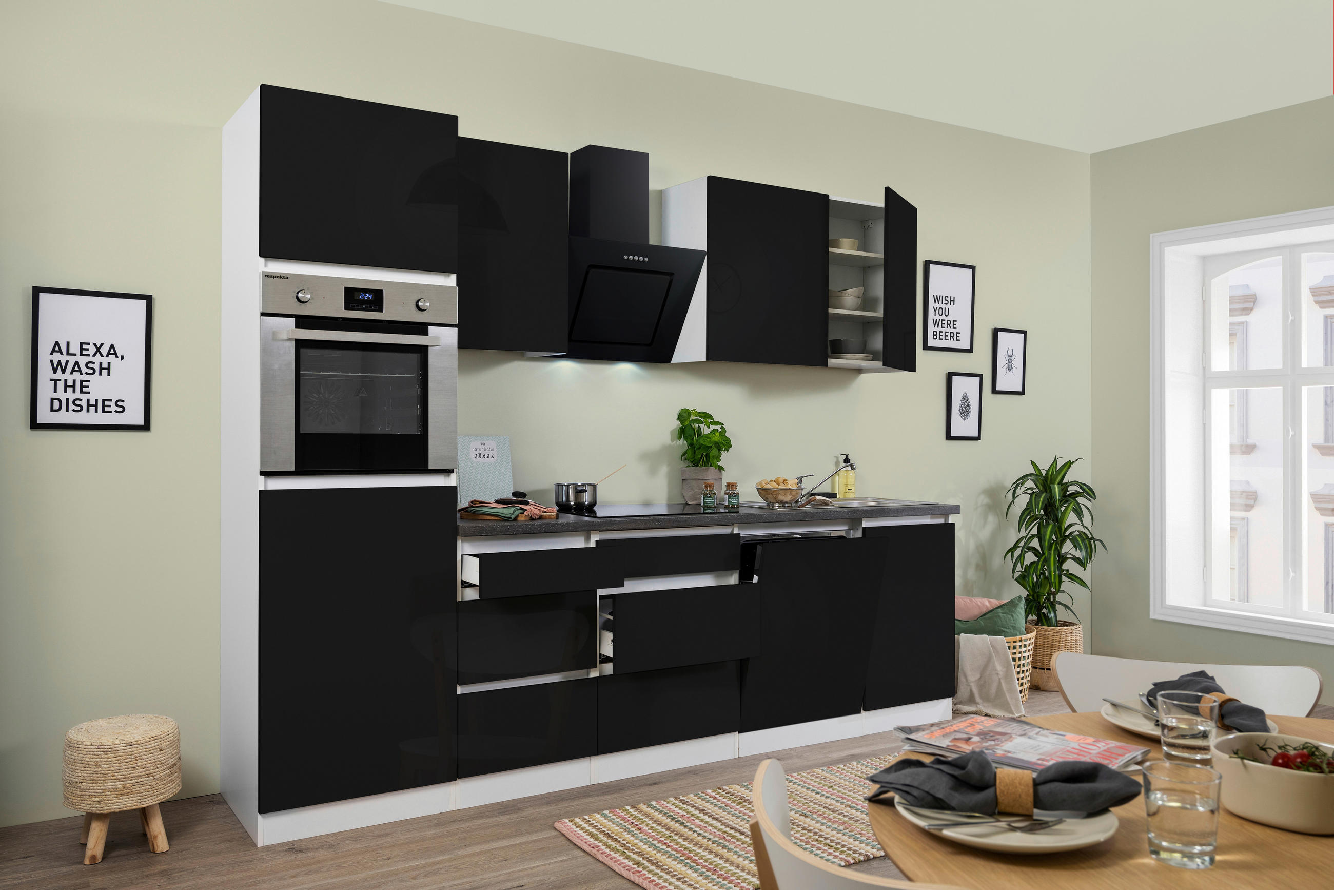 KÜCHENBLOCK 280 cm in Weiß - Schwarz/Braun, MODERN, Holzwerkstoff (280cm) - Respekta