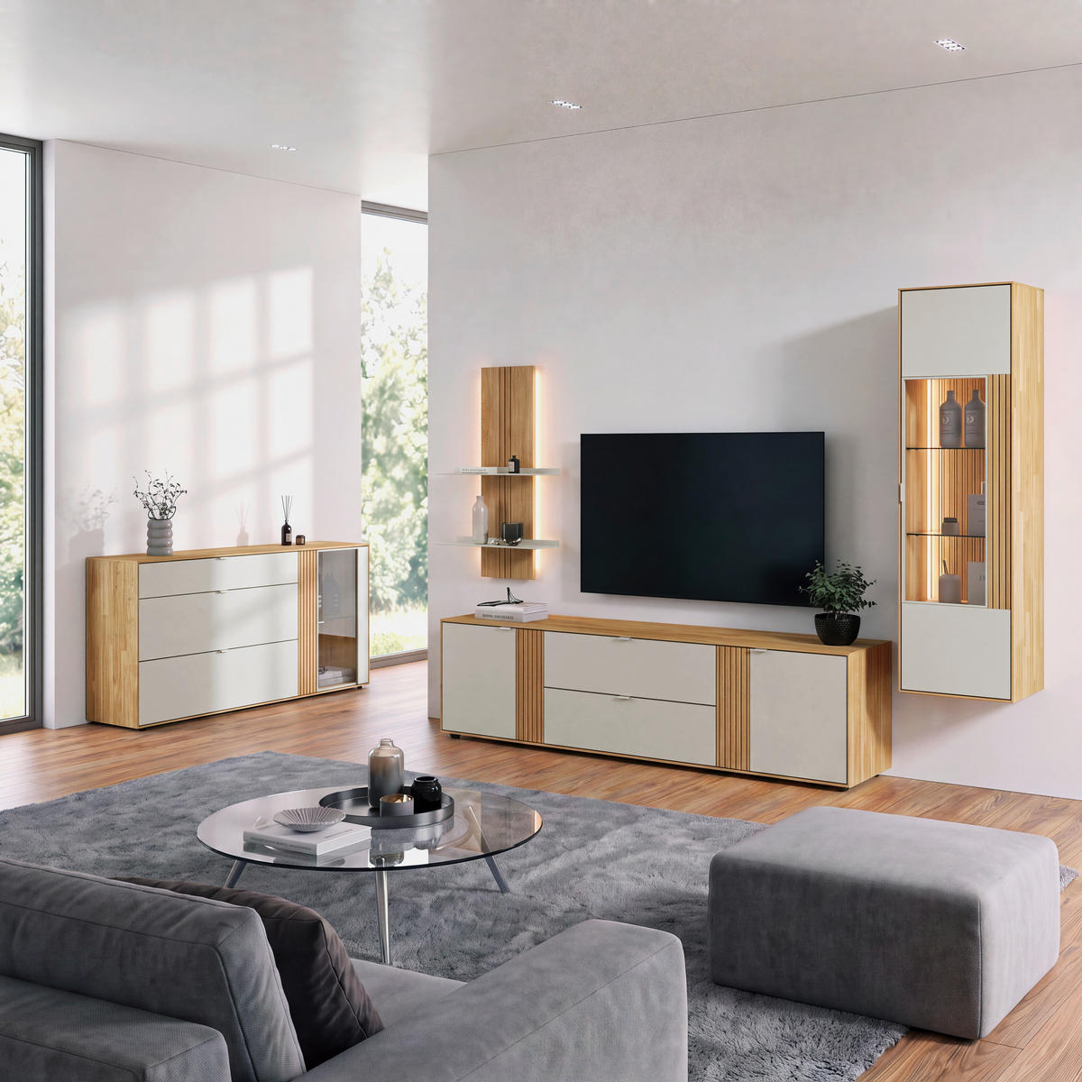 WOHNWAND  Kaschmir, Wildeiche 306,3/203,5/45,2 cm    - Kaschmir/Wildeiche, Design, Glas/Holz (306,3/203,5/45,2cm) - Dieter Knoll