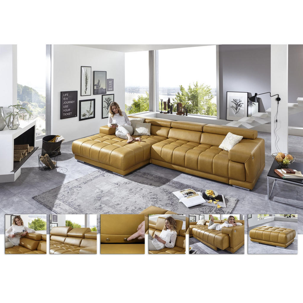 Thumbnail - Beldomo Speed Ecksofa, Gelb, Leder, Echtleder, Semi-Anilinleder, 3-Sitzer, Ottomane links, L-Form, 330x190 cm, Goldenes ...