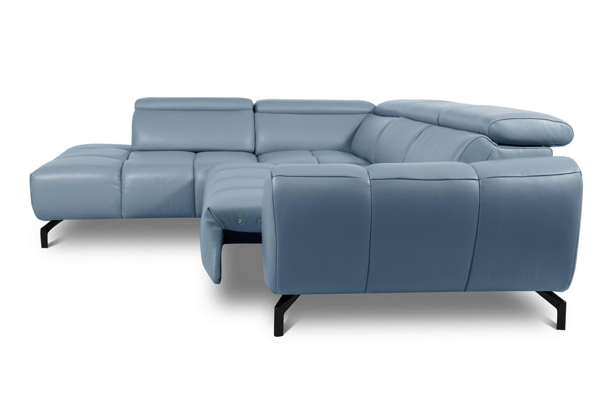 ECKSOFA Graublau Echtleder Rücken echt, Kopfteilverstellung  - Graublau/Schwarz, MODERN, Leder/Metall (224/294cm) - Celina Home