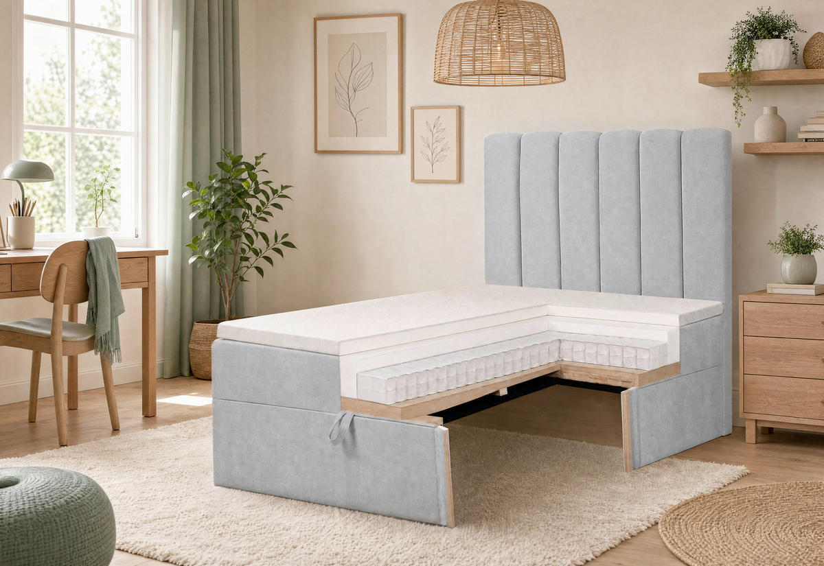 BOXBETT 100/200 cm,  in Hellgrau, Matratze, gepolstertes Kopfteil, Bettkasten, Topper, H3 = fest  - Hellgrau/Schwarz, Basics, Kunststoff/Textil (100/200cm) - Chameo