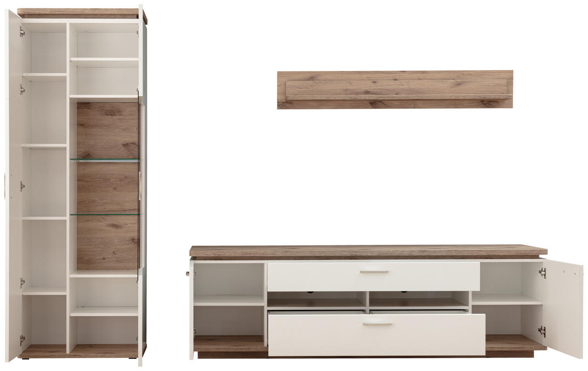 WOHNWAND 3-teilig  in Weiss, Eichefarben 295/208/50 cm  - Weiss/Eichefarben, Design, Glas/Holzwerkstoff (295/208/50cm) - Livetastic