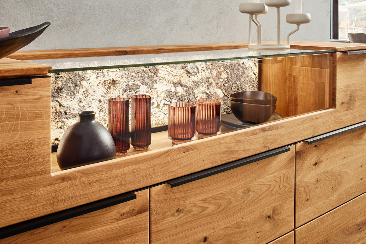 SIDEBOARD Eichefarben  180/90,5/47,1 cm  - Eichefarben/Schwarz, Natur, Glas/Holz (180/90,5/47,1cm) - Valnatura