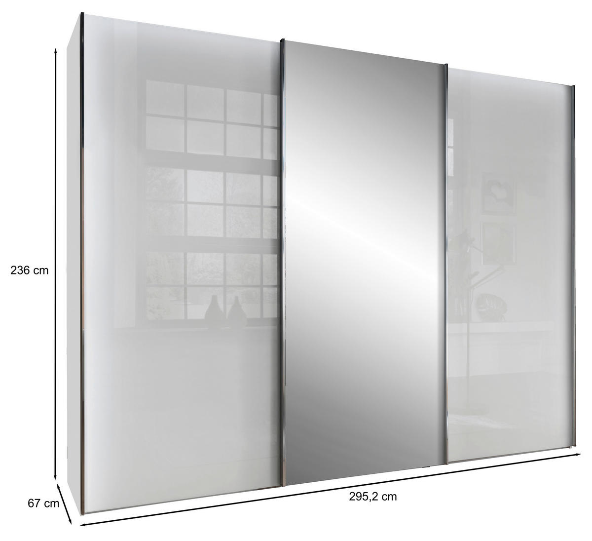 SCHWEBETÜRENSCHRANK 300/236/67 cm 3-türig Weiß  - Chromfarben/Weiß, KONVENTIONELL, Glas/Holzwerkstoff (300/236/67cm) - Dieter Knoll