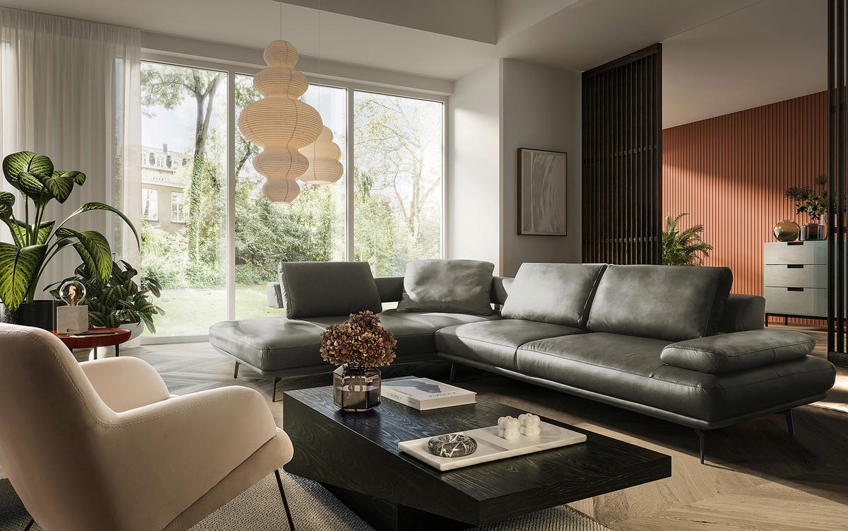 ECKSOFA Grau Echtleder  - Schwarz/Grau, Design, Leder/Metall (237/306cm) - Livetastic