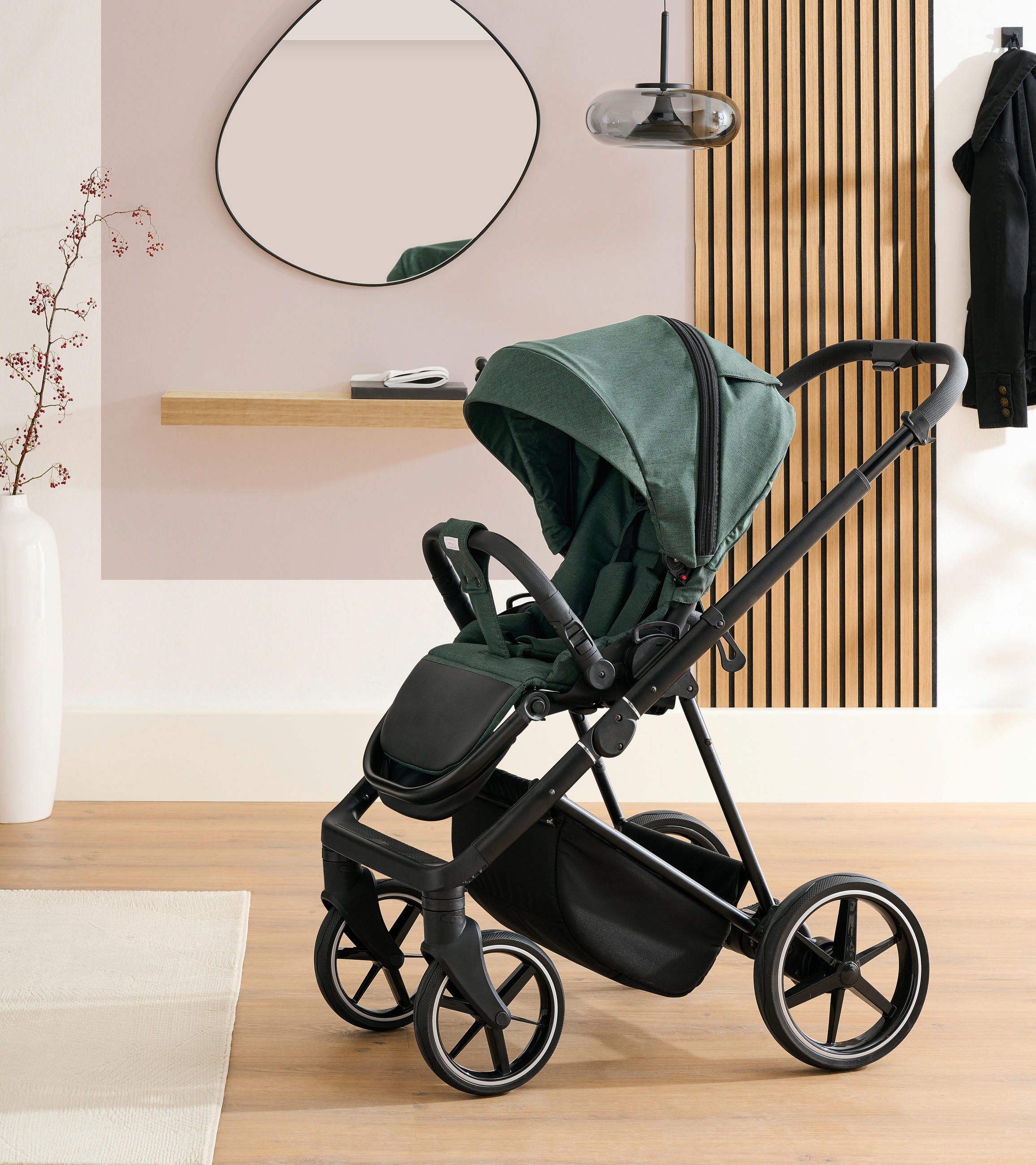 KINDERWAGENSET    - Waldgrün/Schwarz, Basics, Textil/Metall (57,5/116/101cm) - Jimmylee