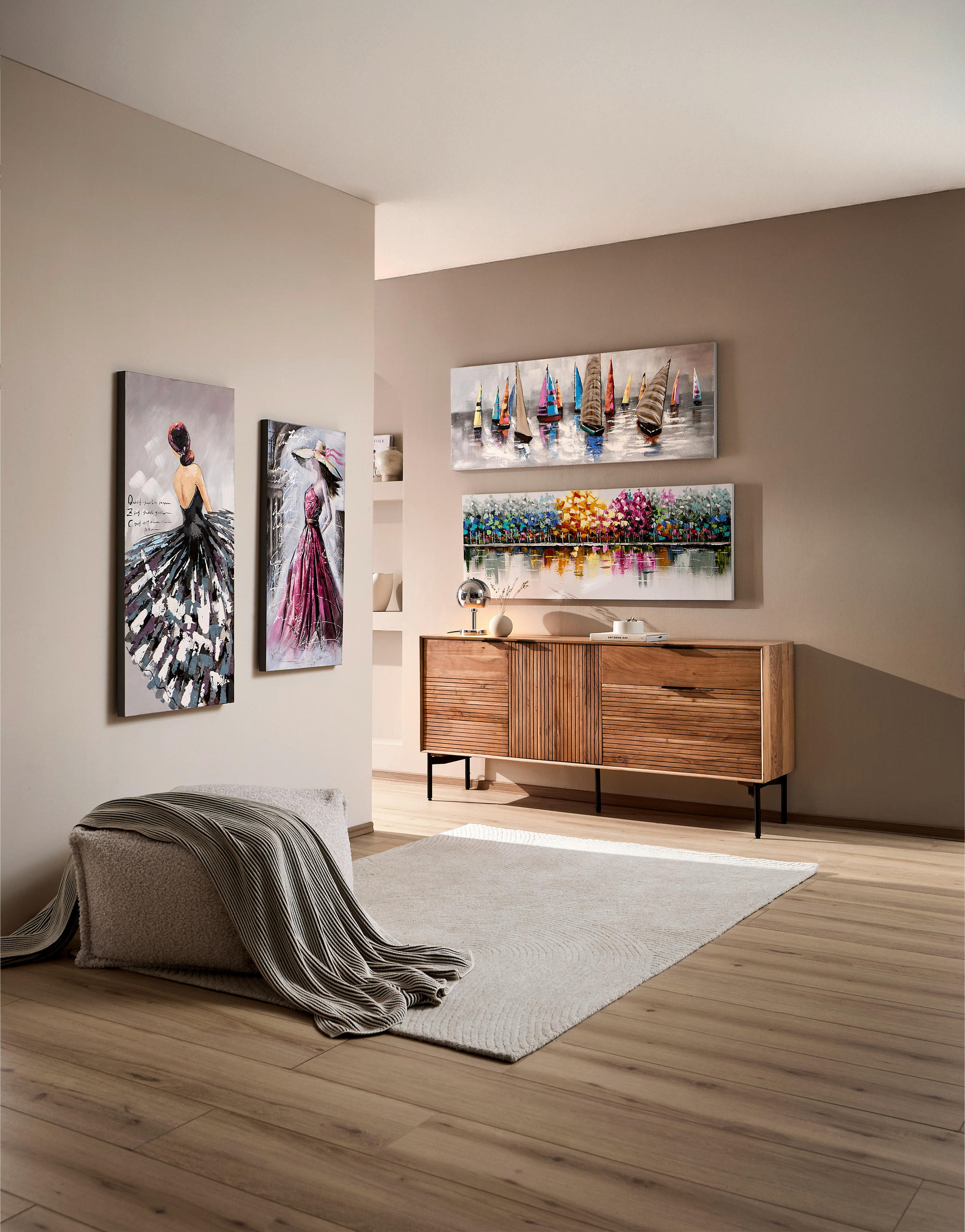 Thumbnail - Monee Ölgemälde, Schwarz, Weiß, Holz, Textil, Tanne, massiv, rechteckig, 55x120 cm, handgemalt, Bilder und Zubehör, Wand...