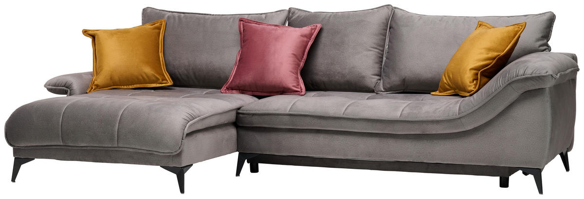 ECKSOFA Grau Velours  - Schwarz/Grau, Design, Textil/Metall (175/304cm) - Stylife