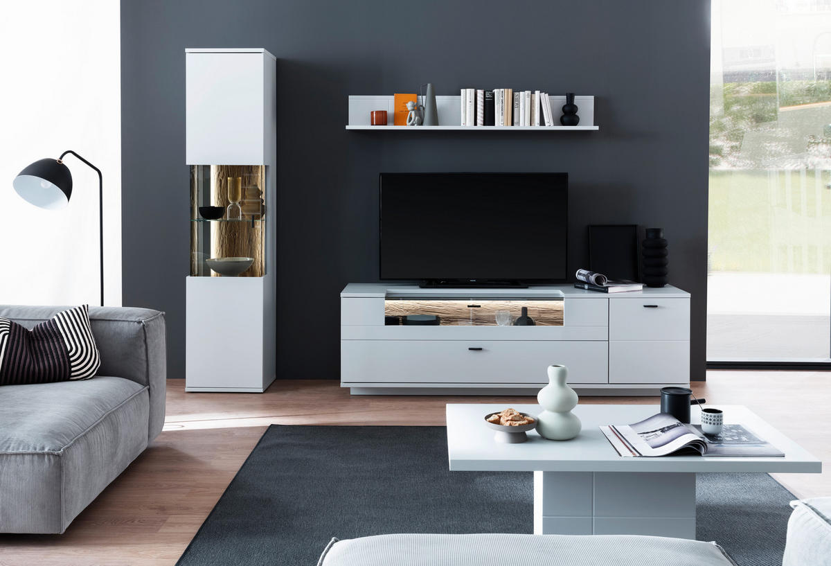 VITRINE Weiss, Eichefarben  45/199/37 cm  - Weiss/Eichefarben, Design, Glas/Holzwerkstoff (45/199/37cm) - Stylife