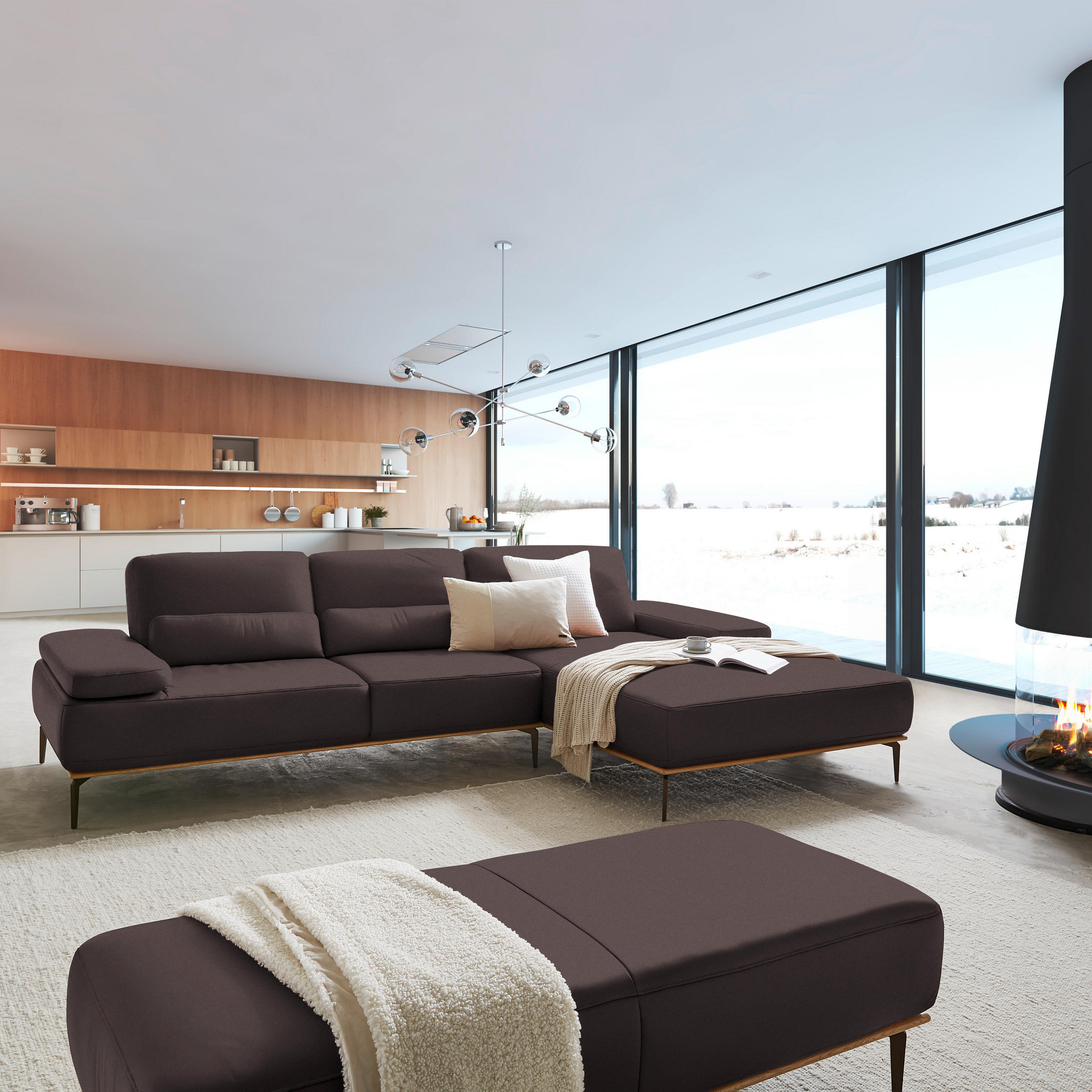 ECKSOFA in Echtleder Dunkelbraun  - Dunkelbraun/Bronzefarben, Design, Leder/Holz (314/176cm) - Valnatura