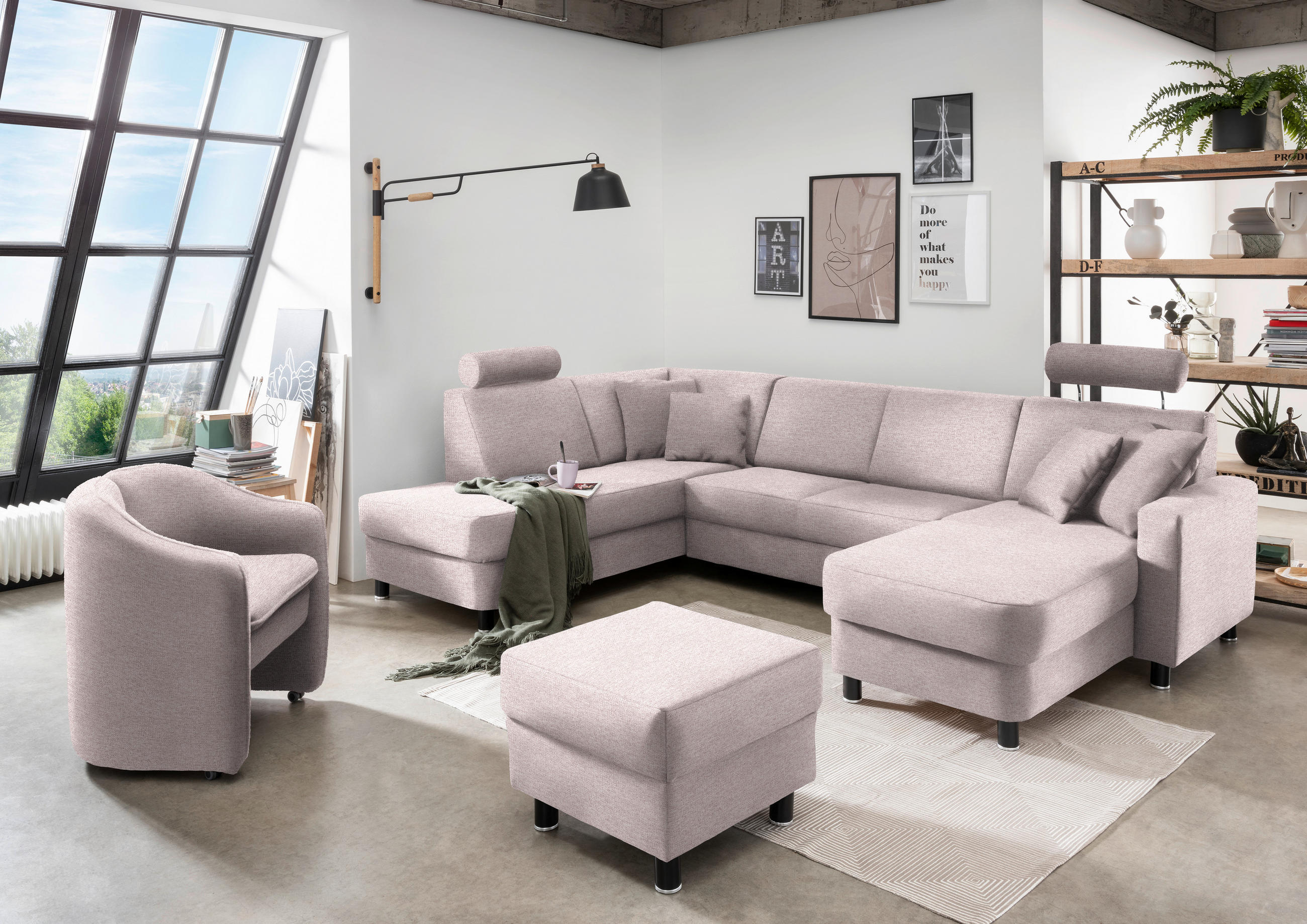 WOHNLANDSCHAFT in Webstoff Hellrosa  - Hellrosa/Schwarz, Design, Holz/Textil (198/296/165cm) - Xora