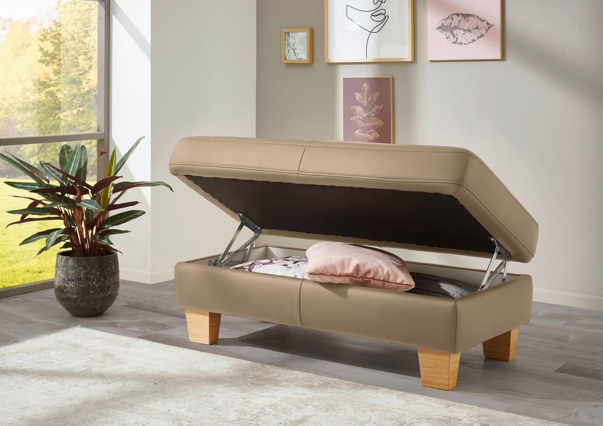 ECKSOFA in Echtleder Greige  - Eiche Bianco/Greige, Konventionell, Leder/Holz (235/257cm) - Valdera