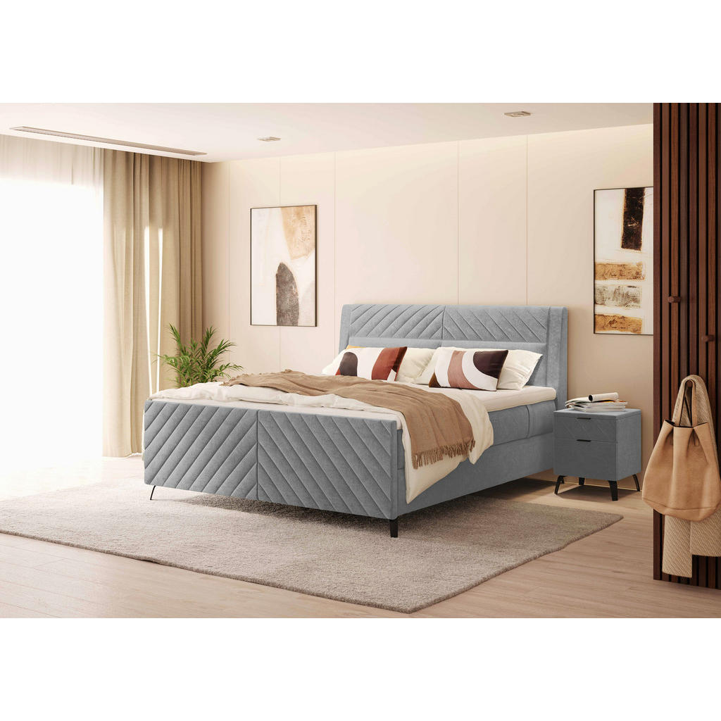 Thumbnail - Esposa Boxspringbett, Hellgrau, Textil, H2 + H3, 7-Zonen, Höhe ca. 20 cm, 180x200 cm, gepolstertes Kopfteil, Stoffauswah...