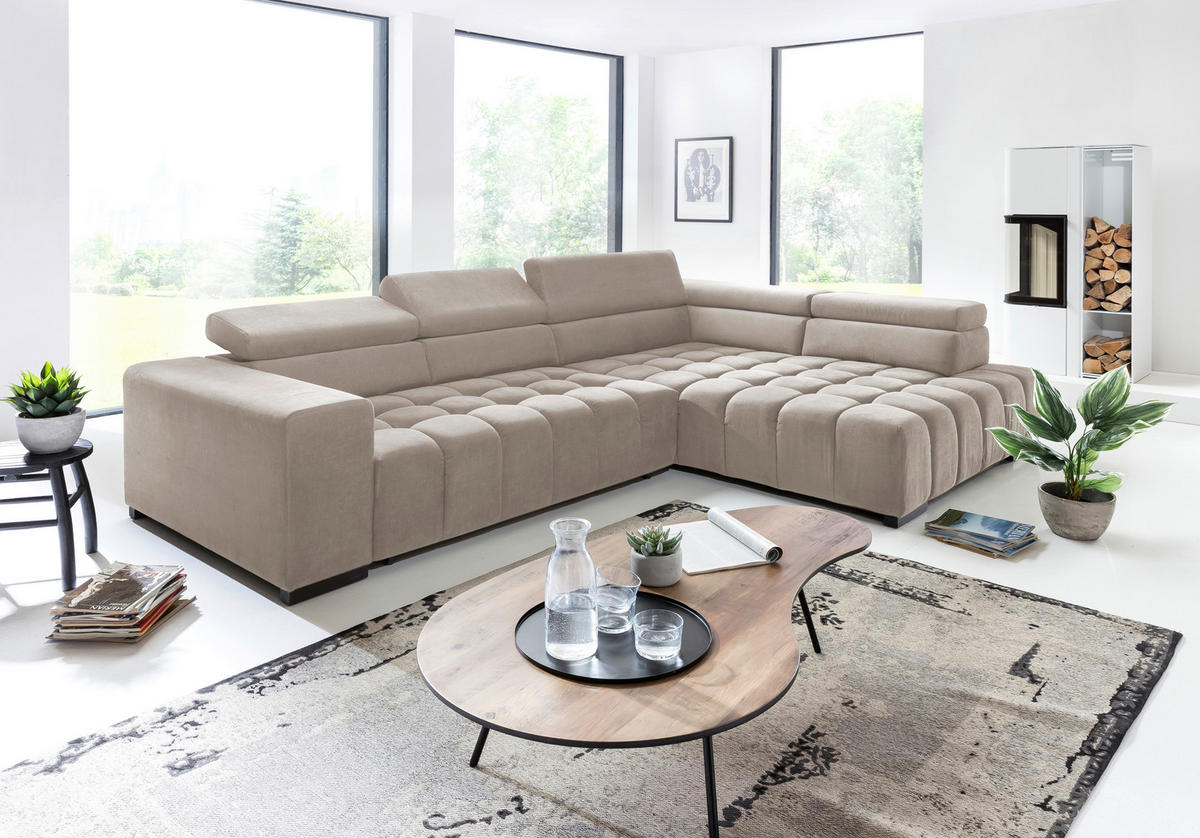 ECKSCHLAFSOFA Beige Velours  - Beige/Schwarz, Design, Holz/Textil (307/201cm) - Livetastic