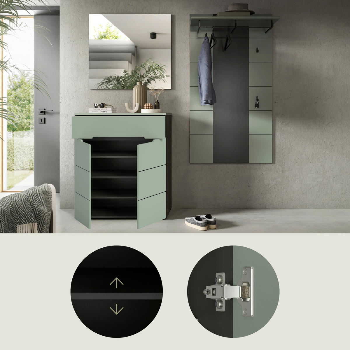 GARDEROBE 3-teilig 175/190/37 cm  - Graugrün/Grau, Design, Holzwerkstoff (175/190/37cm) - Livetastic