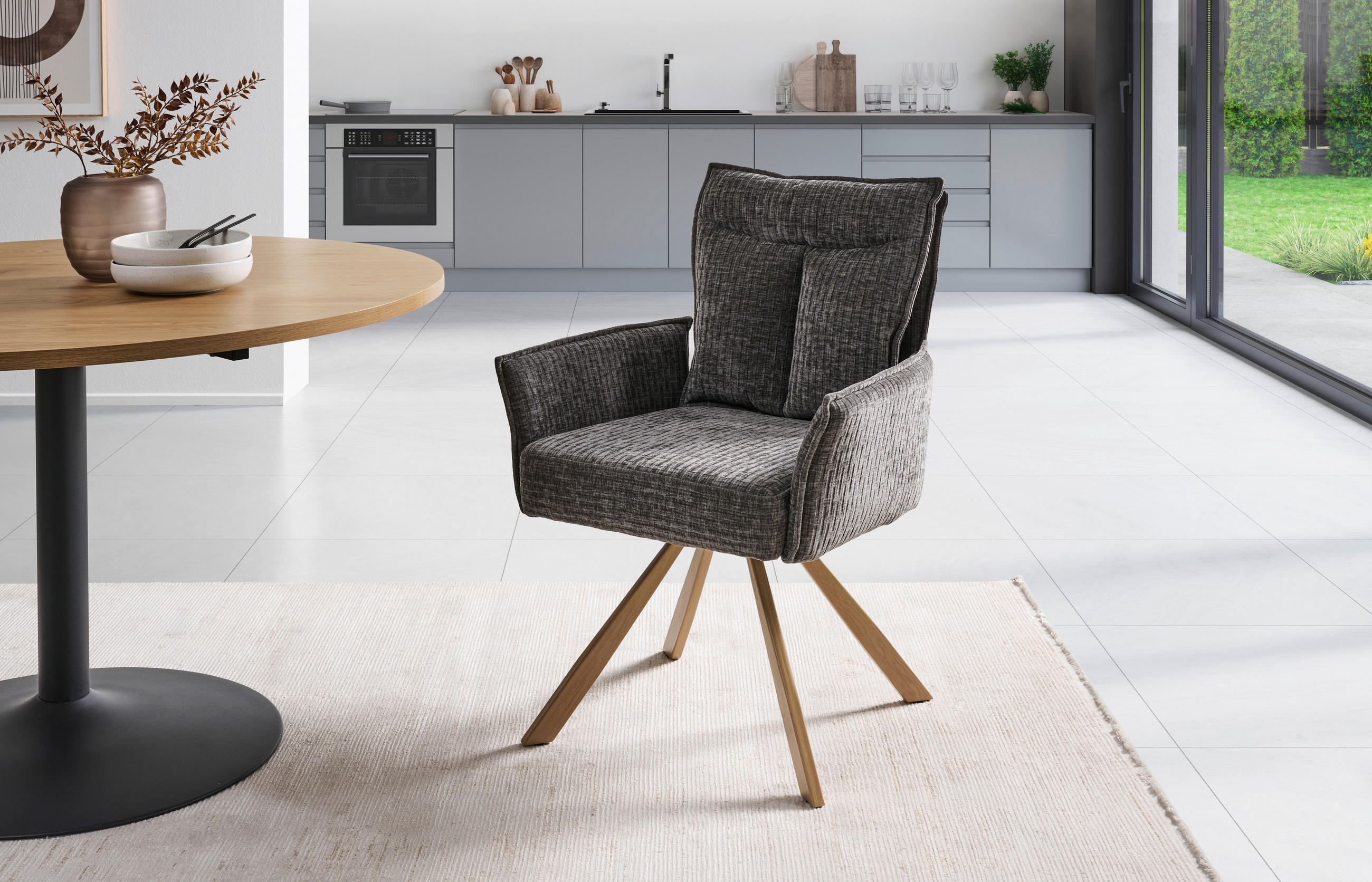 ARMLEHNSTUHL  in Leinenoptik  - Eichefarben/Grau, LIFESTYLE, Holz/Textil (63/91/64cm) - MID.YOU