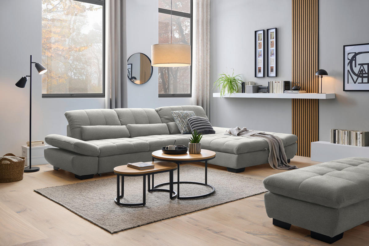 ECKSOFA Flachgewebe Hellgrau  - Hellgrau/Schwarz, Design, Textil/Metall (341/204cm) - Xora