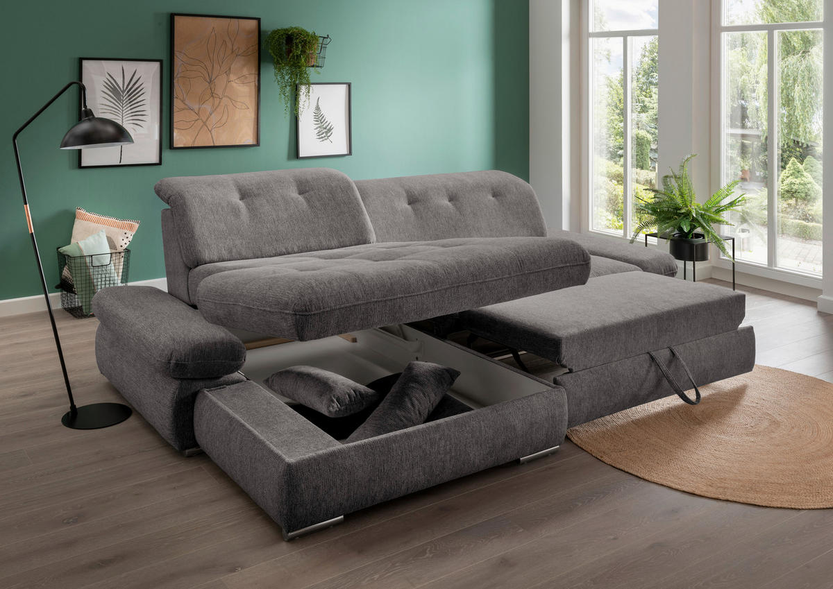 ECKSOFA Graubraun Chenille  - Chromfarben/Graubraun, Design, Textil/Metall (196/300cm) - Livetastic