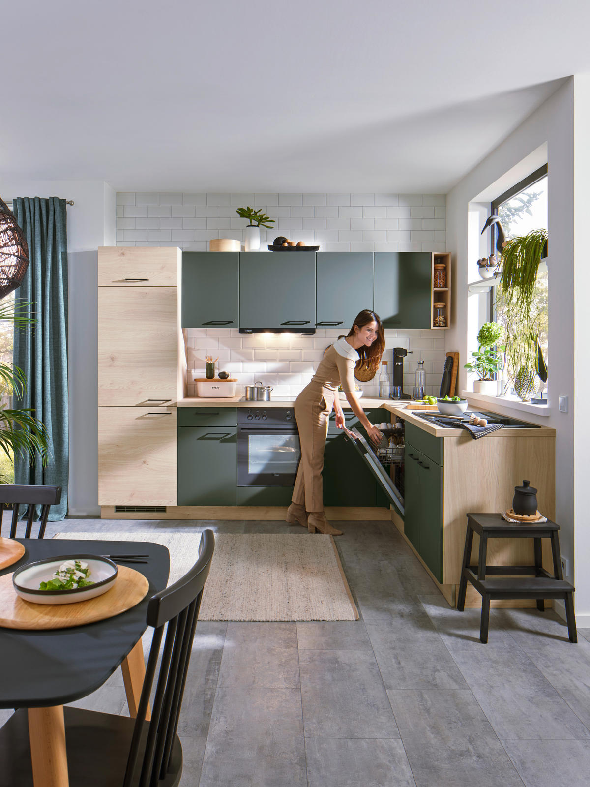 EINBAUKÜCHE   - Dunkelgrün/Eichefarben, Modern, Holzwerkstoff/Metall - Welnova