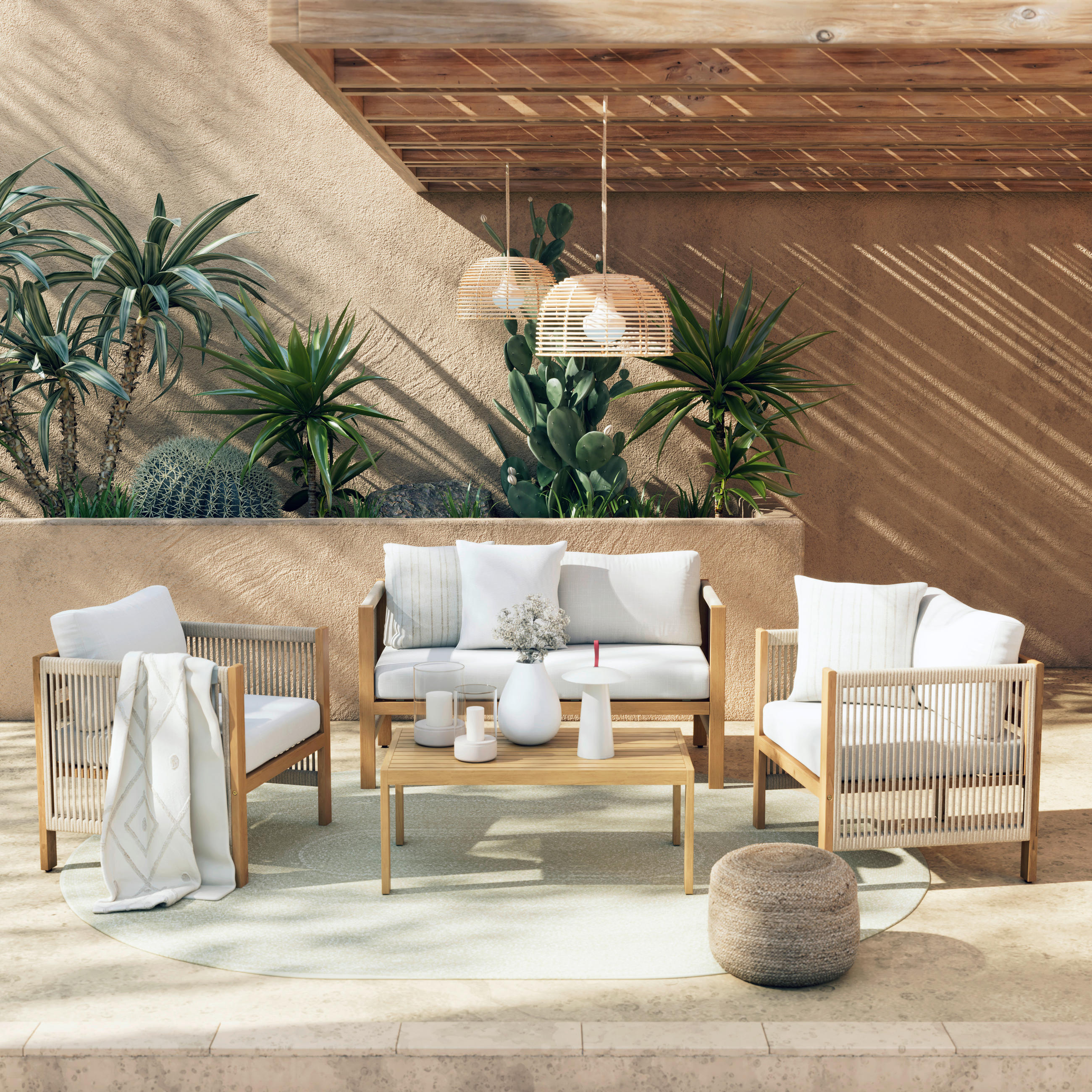 BAŠTENSKI SET 4 dela - boja akacije/krem, Prirodno, drvo/tekstil - Ambia Garden