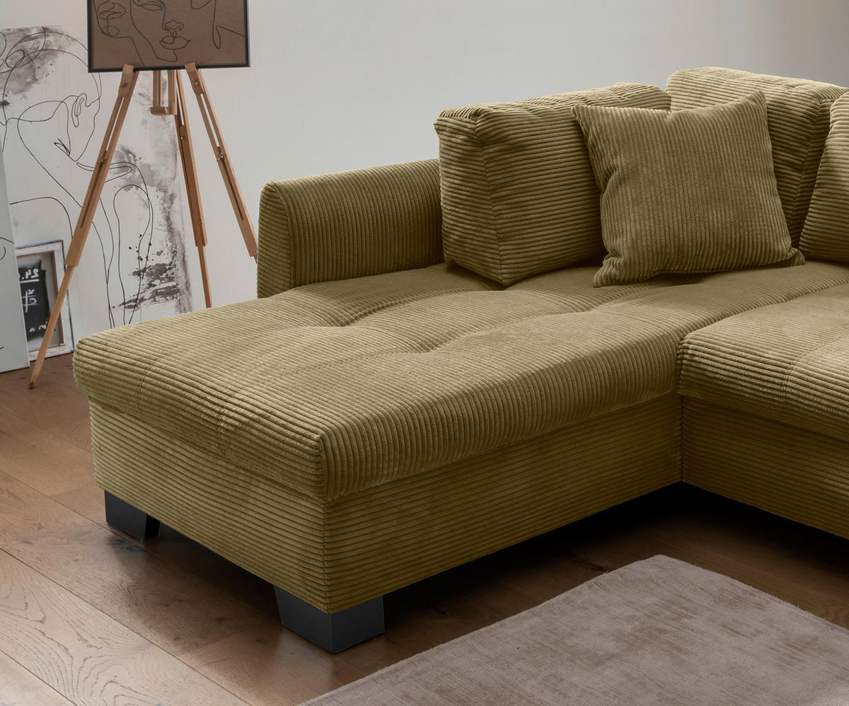 ECKSOFA in Cord Olivgrün  - Schwarz/Olivgrün, Design, Holz/Textil (190/250cm) - MID.YOU