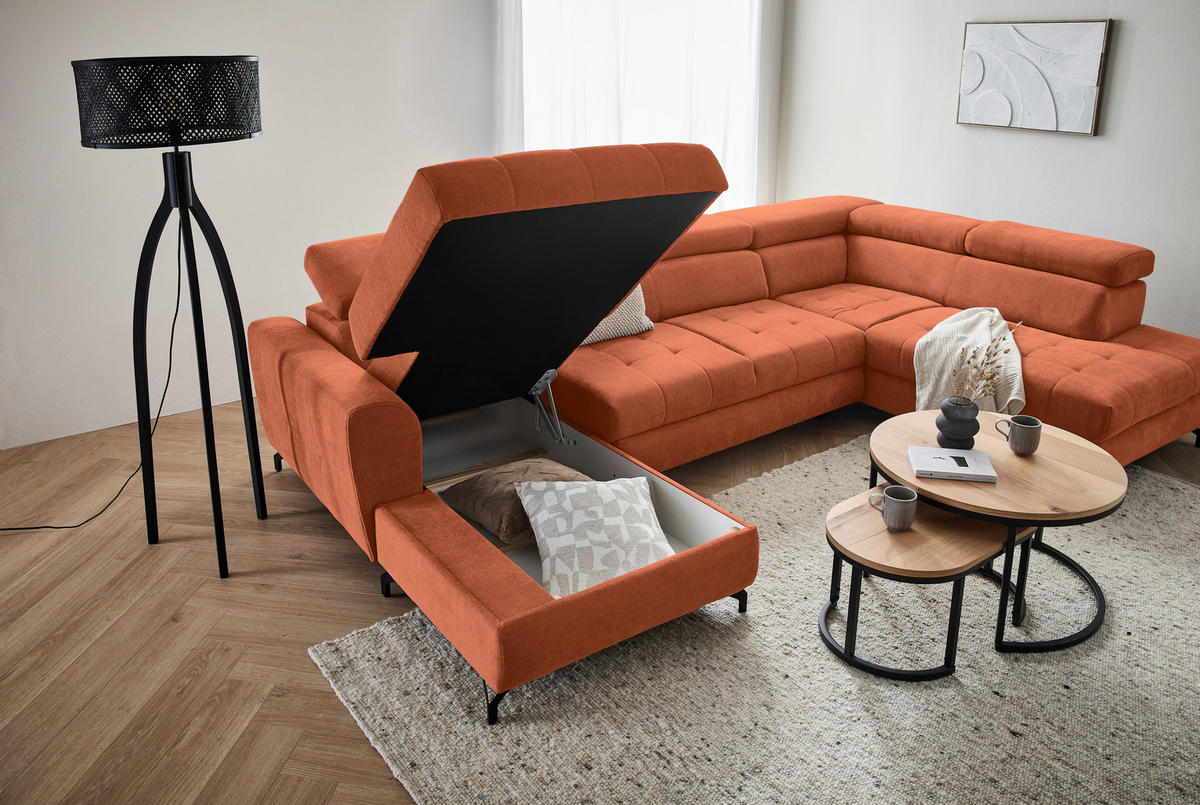 WOHNLANDSCHAFT Orange Struktur  - Schwarz/Orange, Design, Textil/Metall (177/327/203cm) - Stylife