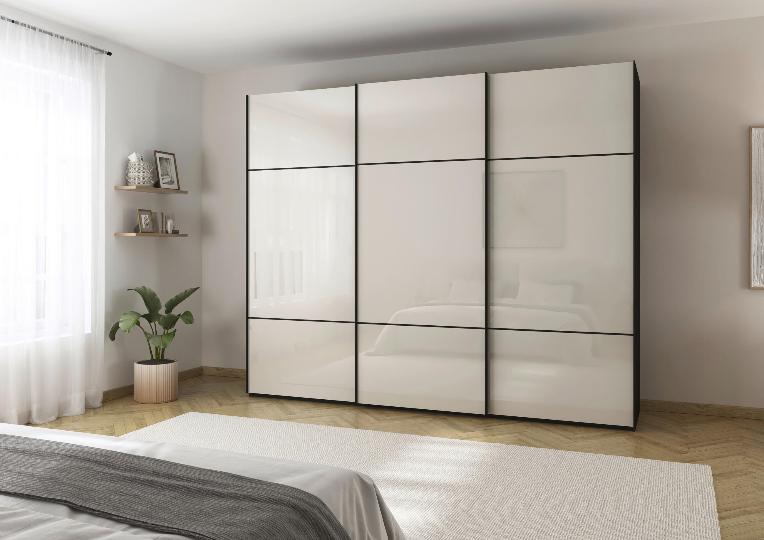 SCHWEBETÜRENSCHRANK in Schwarz, Champagner  - Champagner/Schwarz, Konventionell, Glas/Holzwerkstoff (271/223/68cm) - Novel