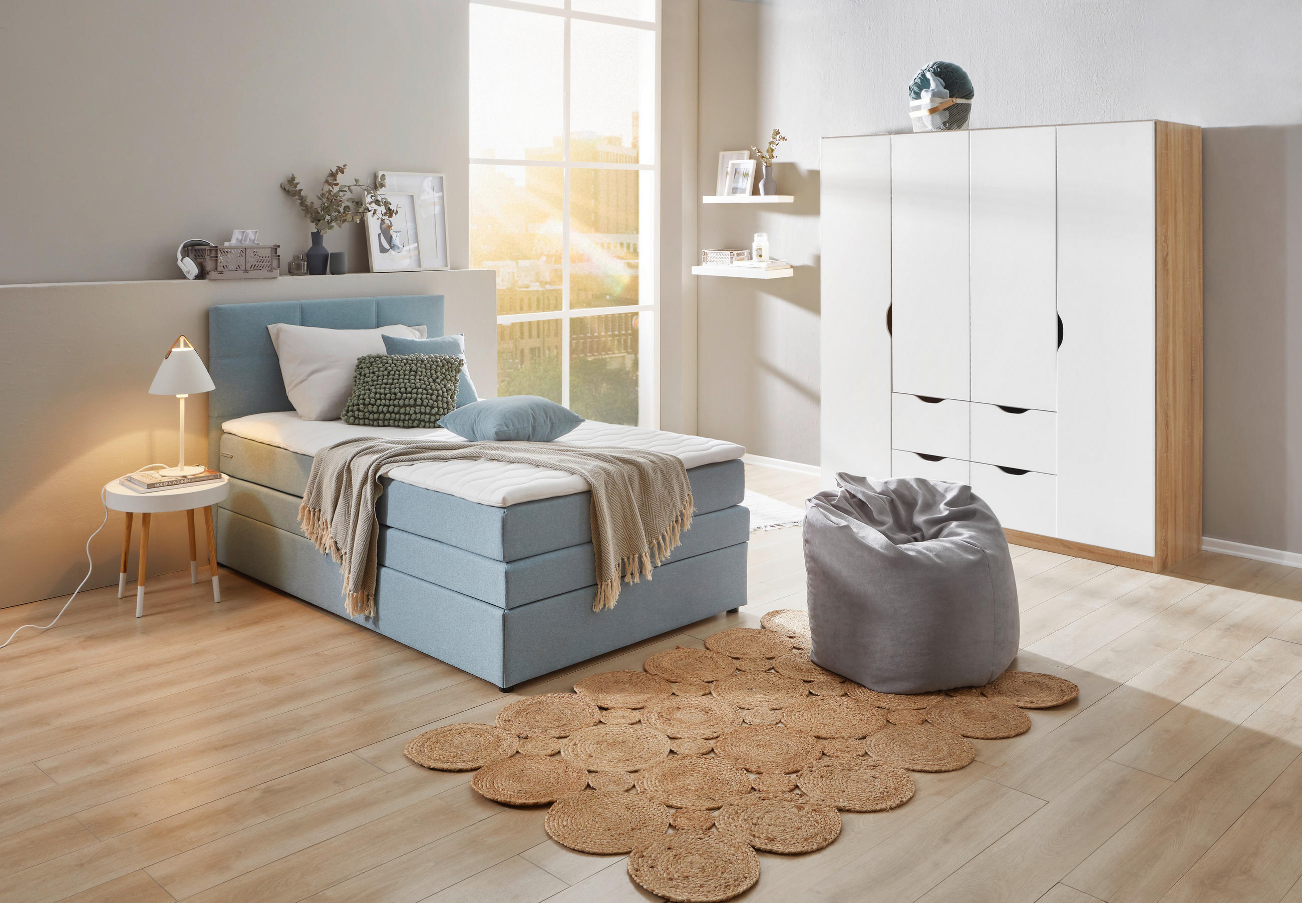 BOXSPRINGOVÁ POSTEL 90/200 cm, světle modrá - černá/světle modrá, Konvenční, textil/plast (90/200cm) - Welnova