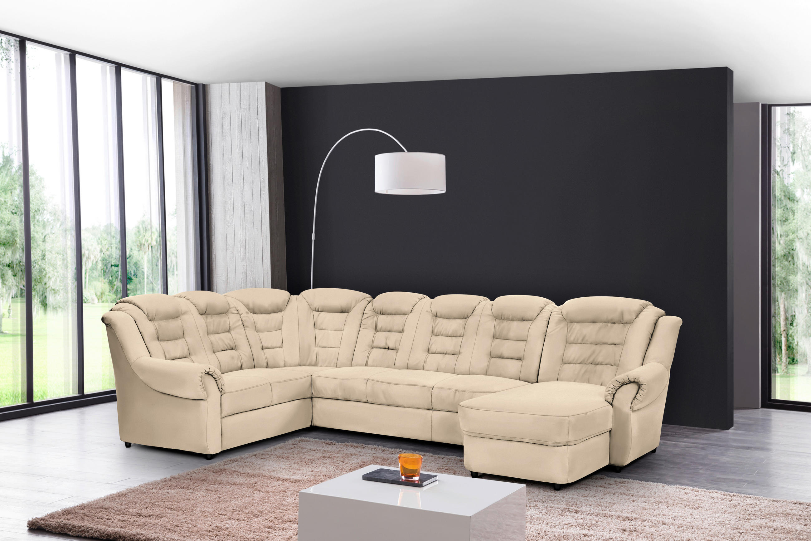 WOHNLANDSCHAFT Beige Lederlook  - Beige/Schwarz, KONVENTIONELL, Kunststoff/Textil (216/333/165cm) - Livetastic