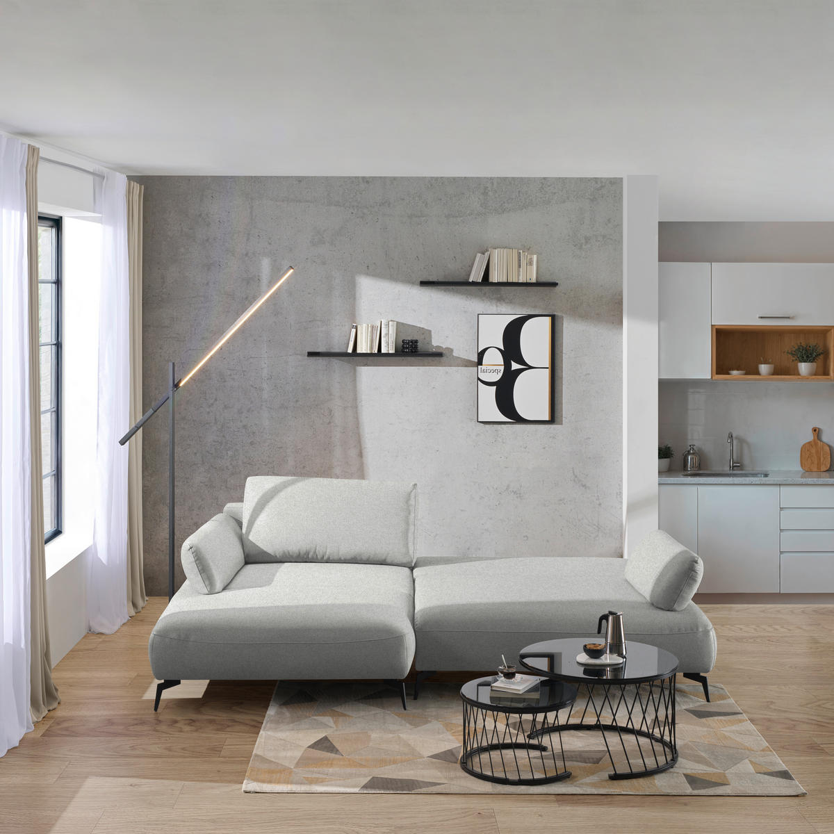 ECKSOFA COLORADO in Struktur Hellgrau  - Hellgrau/Schwarz, Design, Textil/Metall (186/284cm) - Lomoco