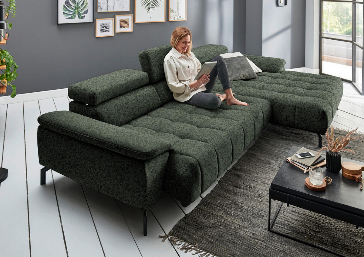 ECKSOFA in Chenille Grün  329/190 cm  - Schwarz/Grün, Design, Textil/Metall (329/190cm) - Beldomo Style