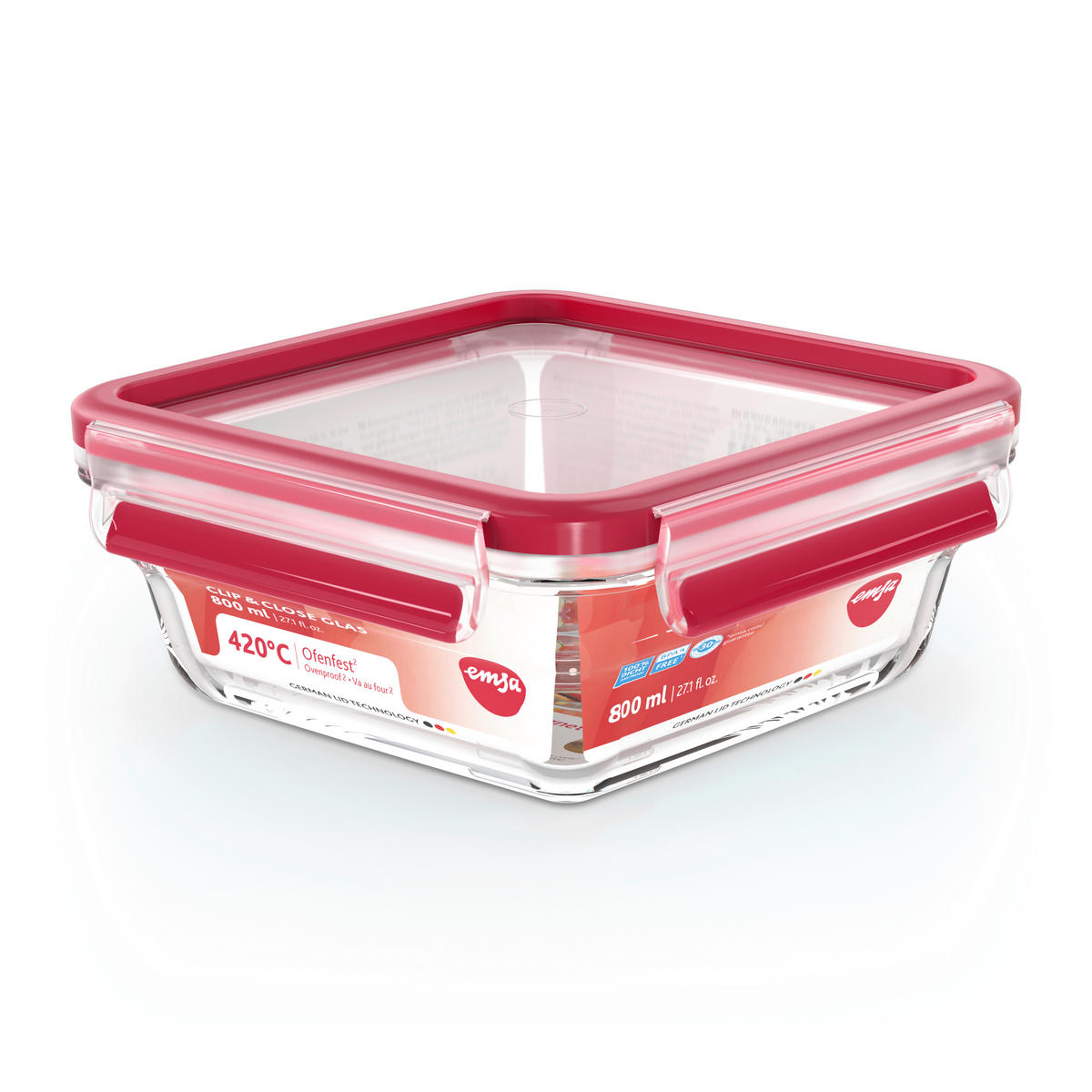 FRISCHHALTEDOSE 0,8 l  - Rot, KONVENTIONELL, Glas/Kunststoff (16,6/16,6/7cm) - Emsa