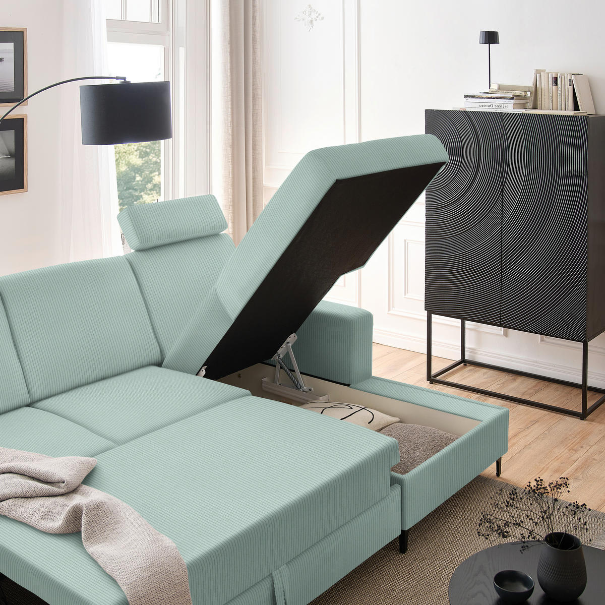 ECKSOFA Mintgrün Cord  - Schwarz/Mintgrün, KONVENTIONELL, Textil/Metall (247/167cm) - Stylife