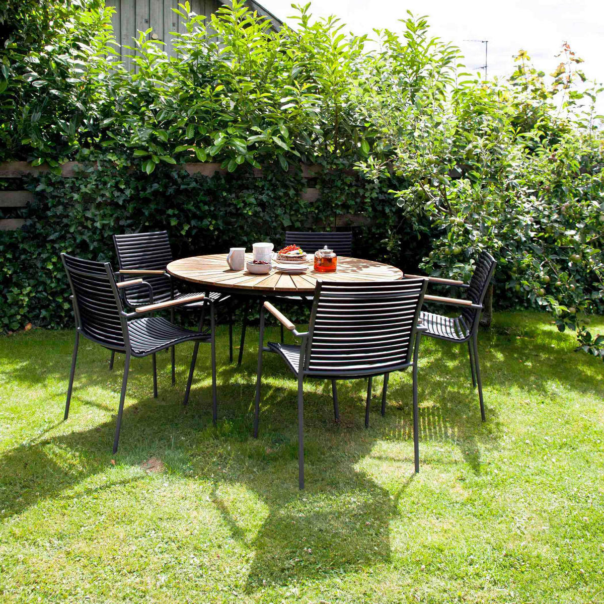 GARTENTISCHGRUPPE Teakholzvollmassiv  - Anthrazit/Schwarz, Natur, Holz/Kunststoff - Gardenson