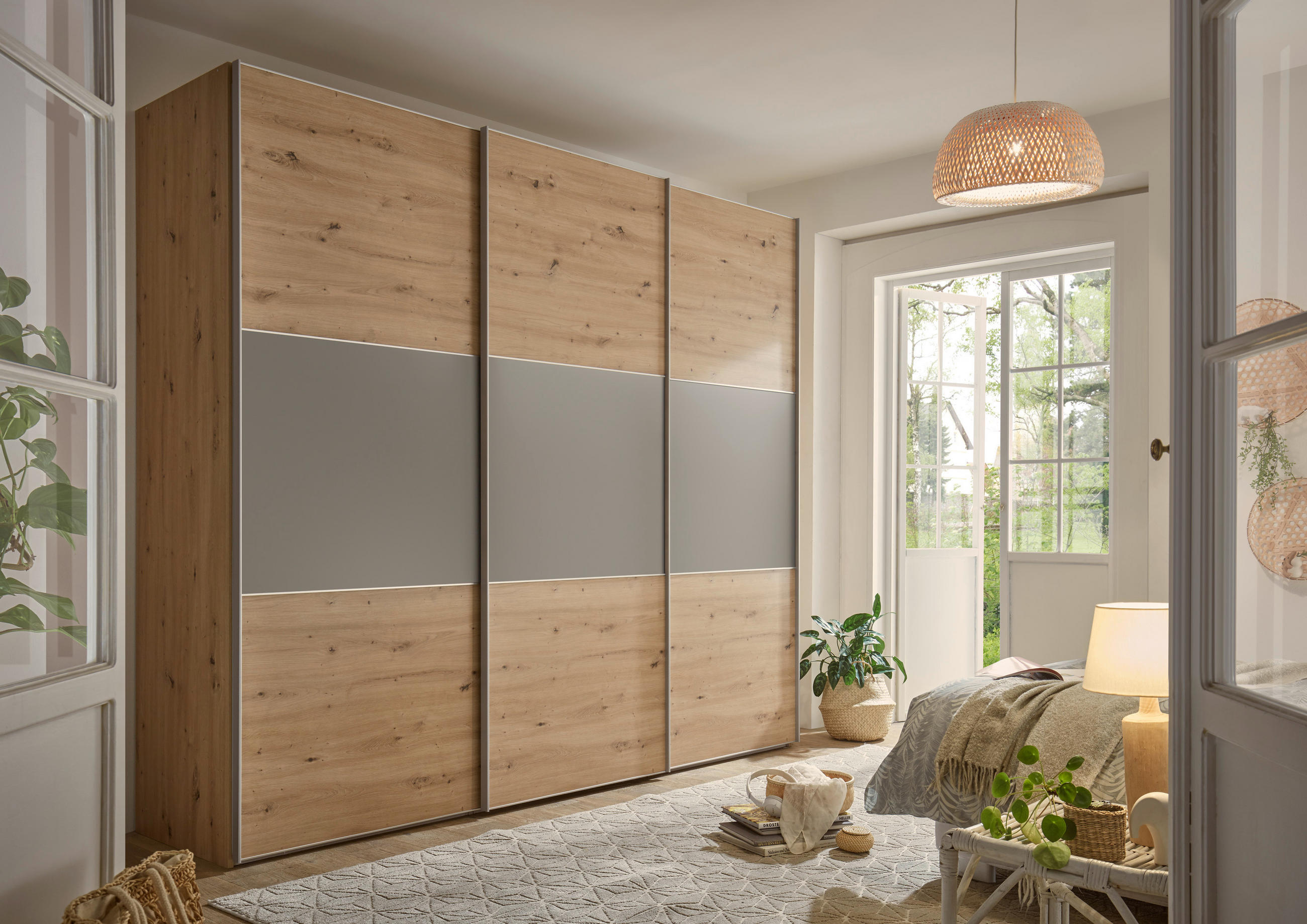 SCHWEBETÜRENSCHRANK 280/222/68 cm 3-türig Hellgrau, Eiche Artisan  - Hellgrau/Alufarben, Holzwerkstoff/Metall (280/222/68cm) - Moderano