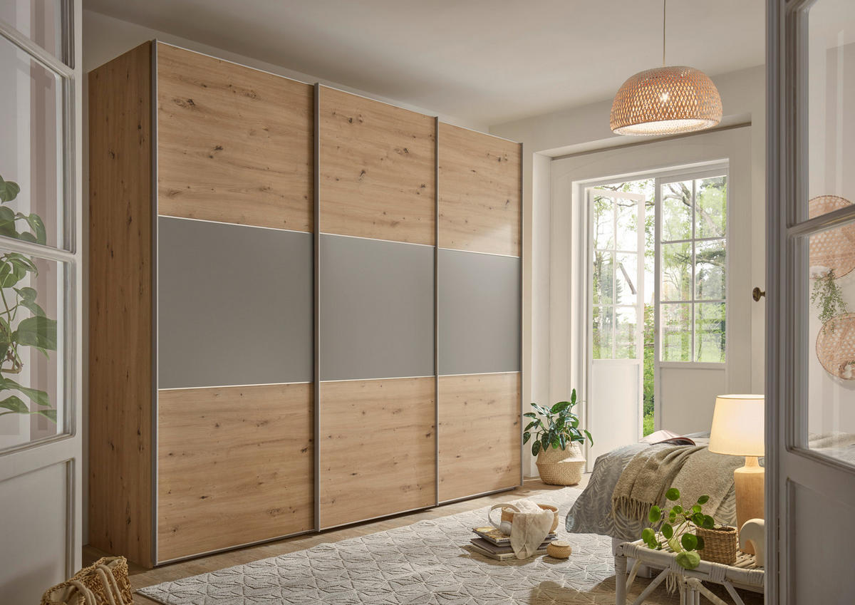 SCHWEBETÜRENSCHRANK in Hellgrau, Eiche Artisan  - Hellgrau/Alufarben, Holzwerkstoff/Metall (280/222/68cm) - Moderano